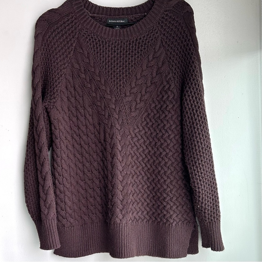 BANANA REPUBLIC cable knit cotton blend crew neck sweater dark chocolate brown